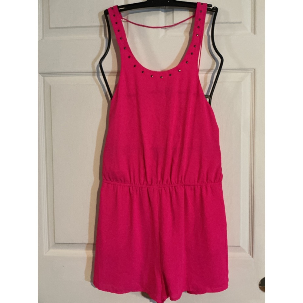 Naked Zebra Womens Hot Pink Studded Scoop Neck Open Back Romper Size M